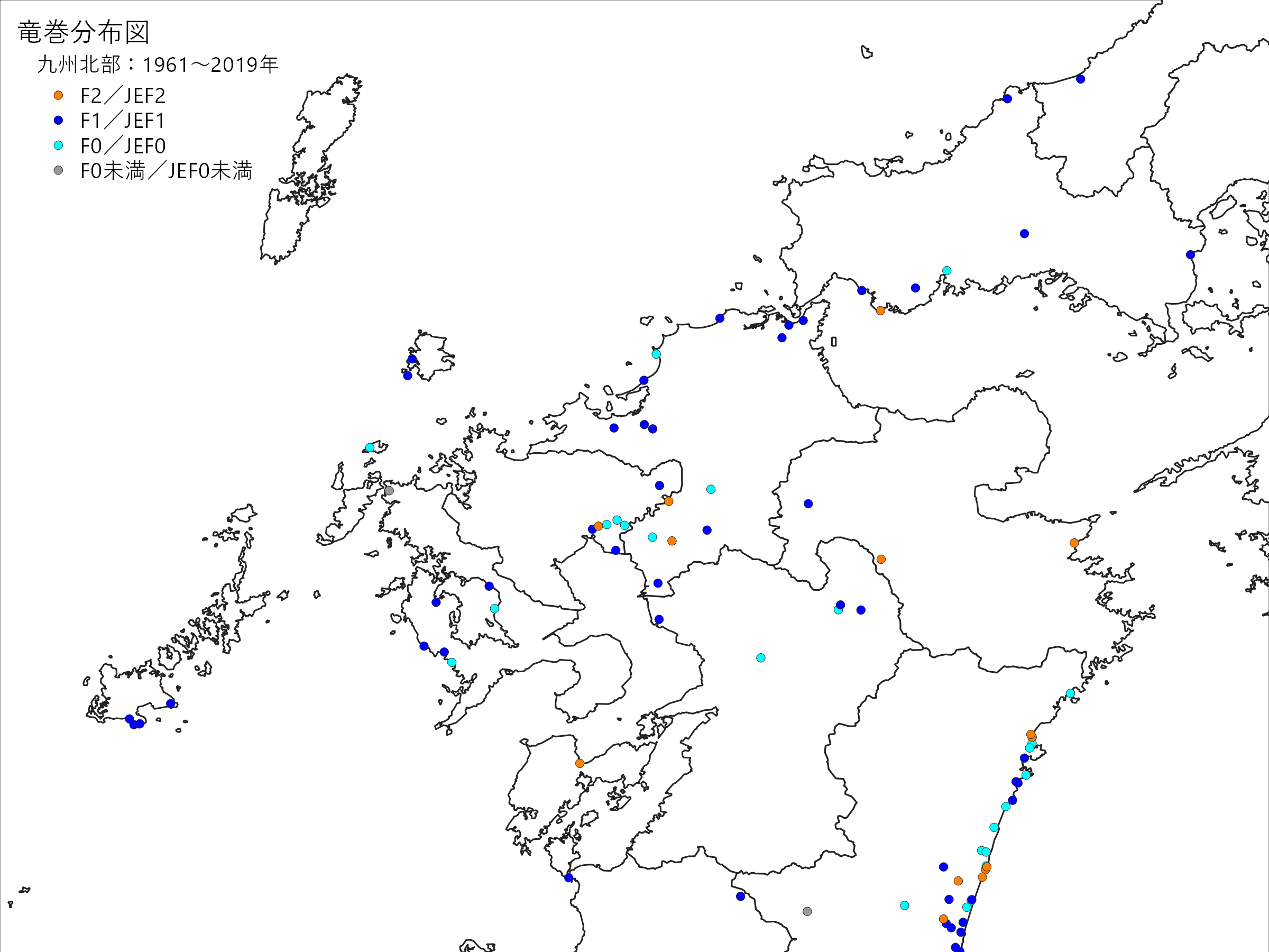 九州北部の竜巻発生確認地点の分布図(スケール別)