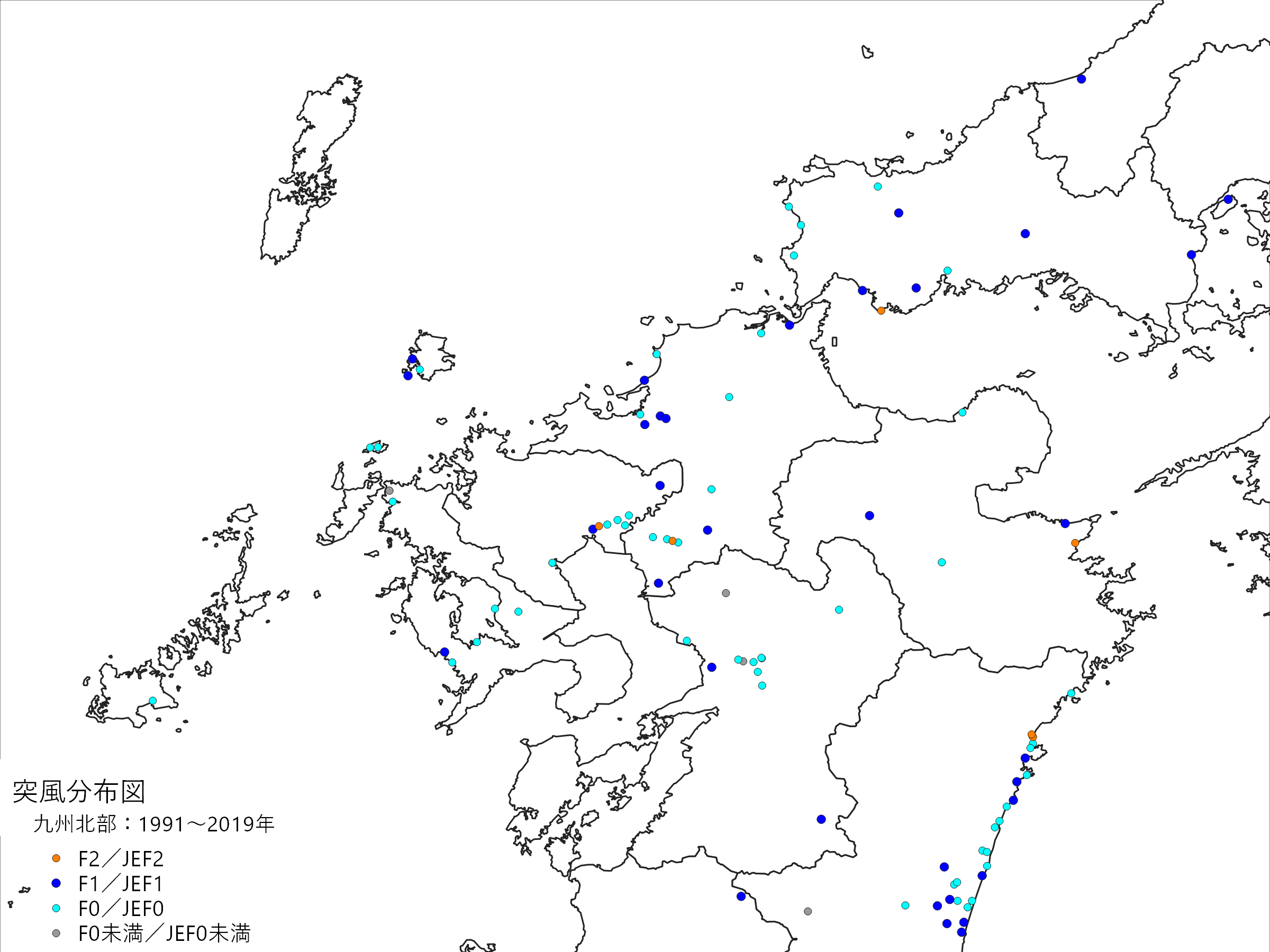 九州北部の突風発生確認地点の分布図(スケール別)