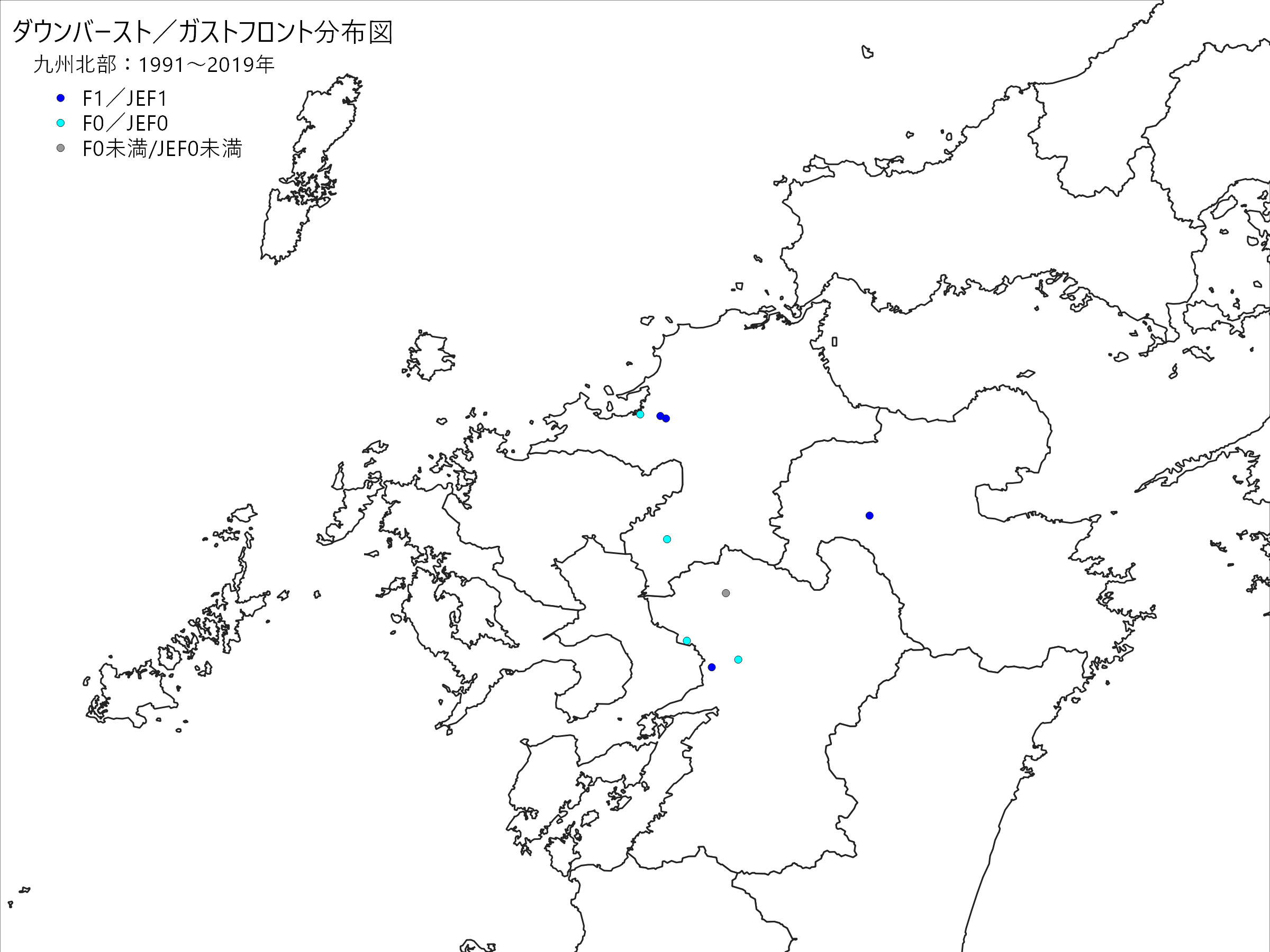 九州北部のダウンバースト/ガストフロント発生確認地点の分布図(スケール別)