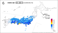 27日の6時間降水量の日最大値の分布図