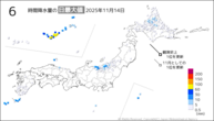 14日の6時間降水量の日最大値の分布図