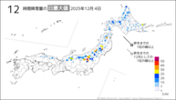 昨日の12時間降雪量の日最大値の分布図