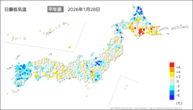 27日の最低気温平年差の分布図