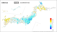 16日の最低気温平年差の分布図
