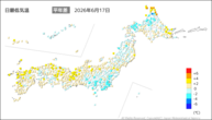 17日の最低気温平年差の分布図