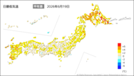 19日の最低気温平年差の分布図