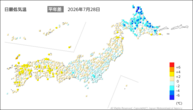 28日の最低気温平年差の分布図