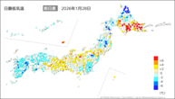 27日の最低気温前日差の分布図