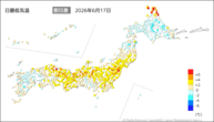 17日の最低気温前日差の分布図