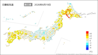 19日の最低気温前日差の分布図