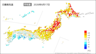 17日の最高気温平年差の分布図