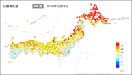 18日の最高気温平年差の分布図