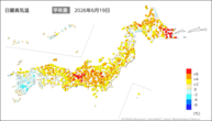 19日の最高気温平年差の分布図