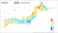 20日の最高気温平年差の分布図