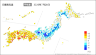 28日の最高気温平年差の分布図