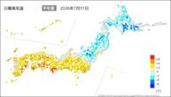 昨日の最高気温平年差の分布図