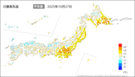 27日の最高気温平年差の分布図