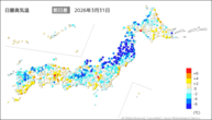 31日の最高気温前日差の分布図