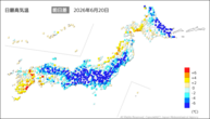 20日の最高気温前日差の分布図