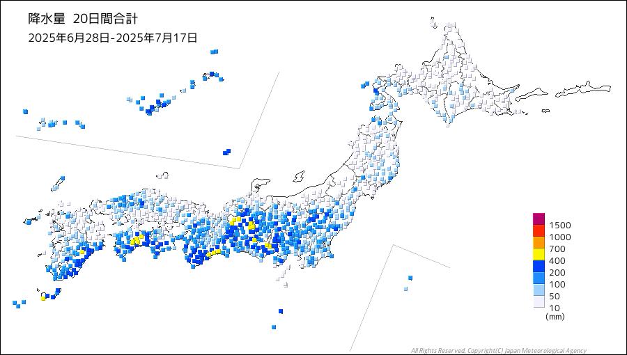 降水量20日間合計の分布図