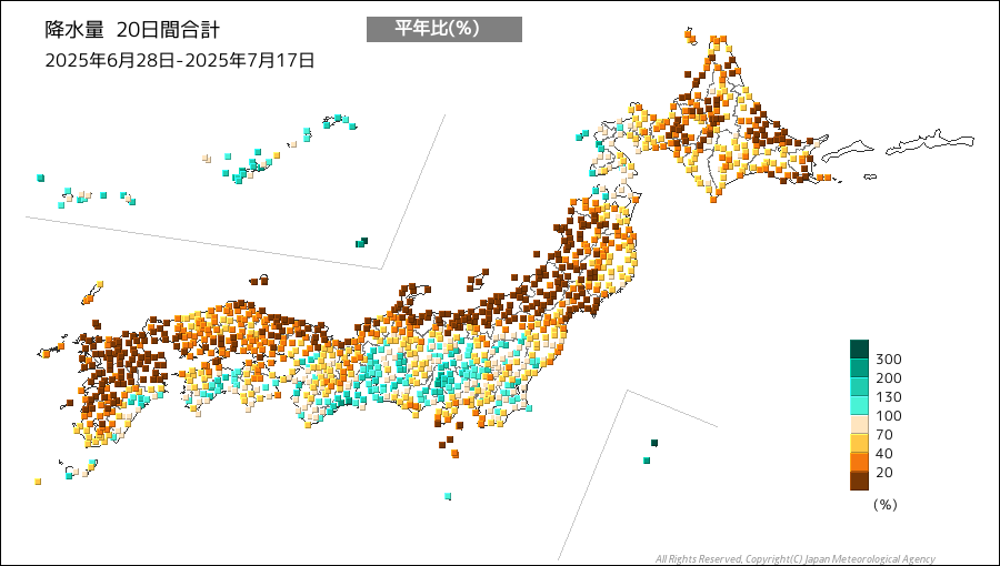 降水量20日間合計平年比の分布図