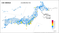 27日の最大瞬間風速の分布図