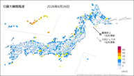 昨日の最大瞬間風速の分布図