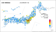 11日の最大瞬間風速の分布図