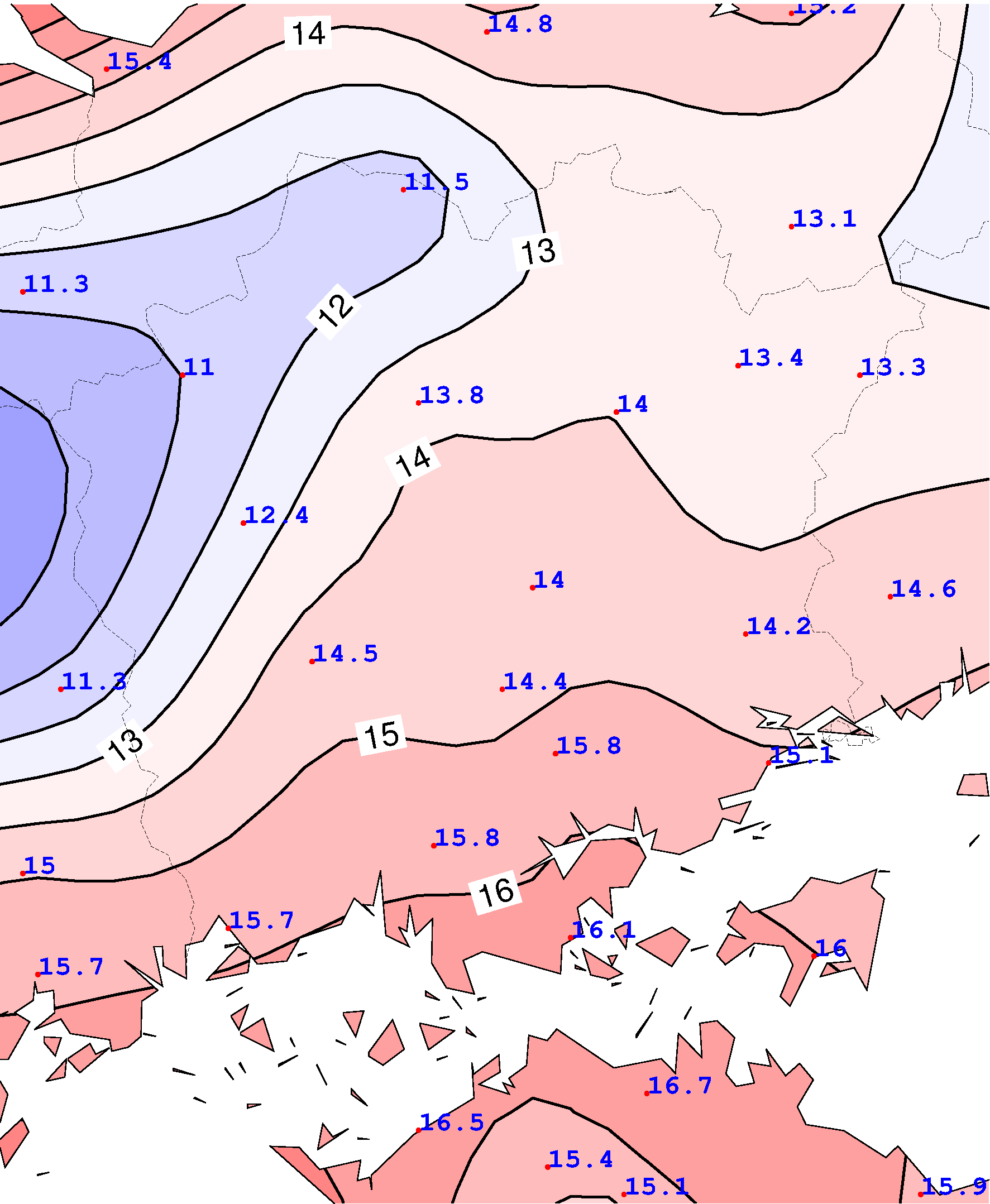 年平均気温の等値線