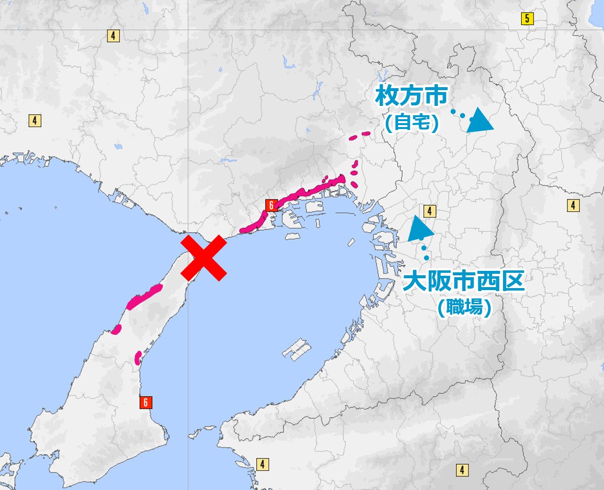 地震の震央位置と自宅と職場の位置関係