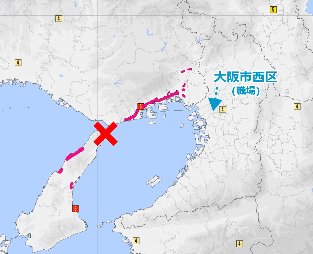 地震の震央位置と職場の位置関係