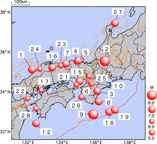 大阪管内に被害を及ぼした地震（大阪管内を拡大）