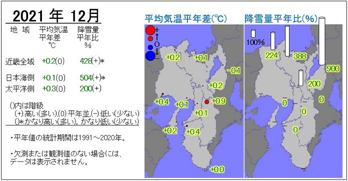 2021年12月の気温・降雪量の分布図