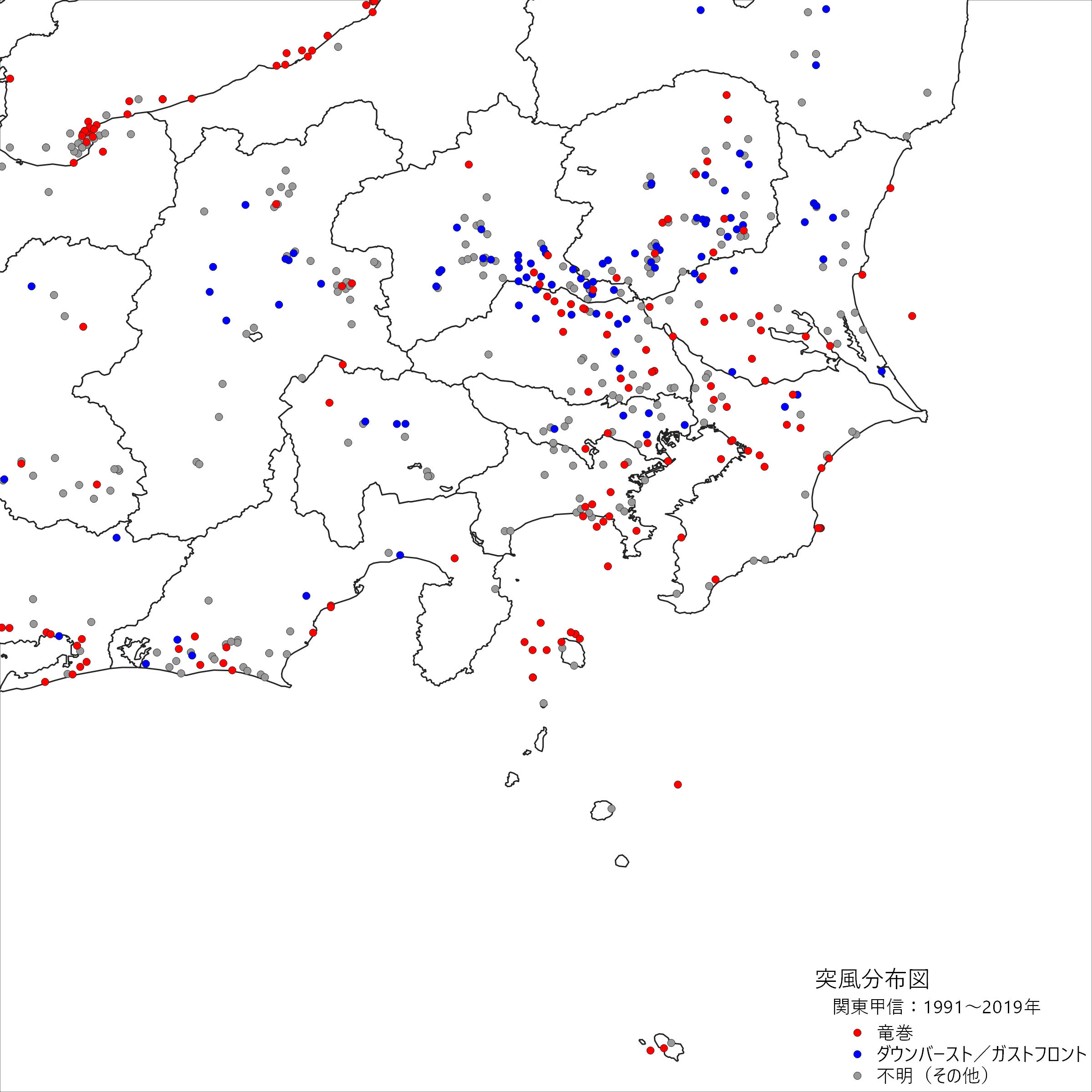 関東甲信の突風発生確認地点の分布図
