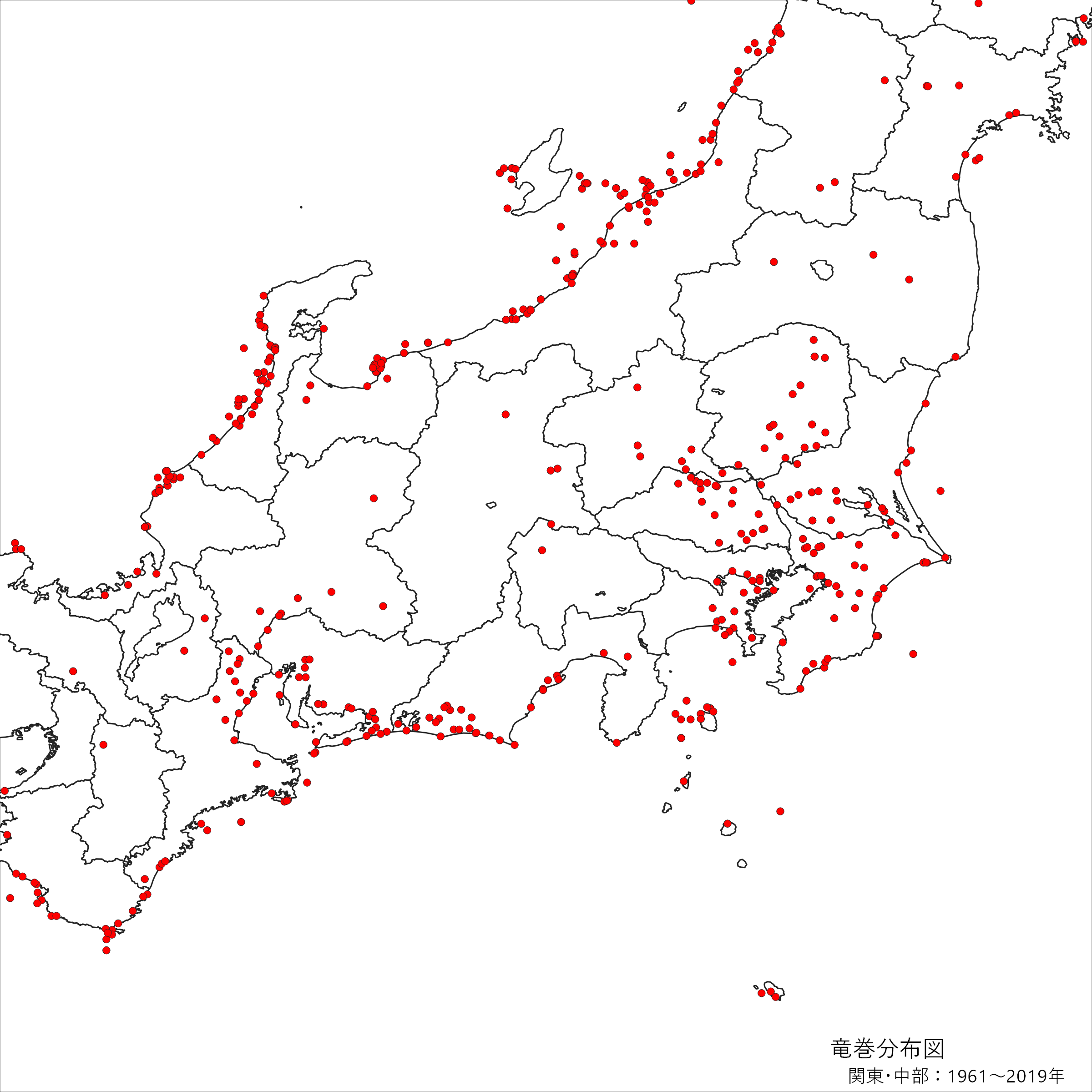 関東・中部の竜巻発生確認地点の分布図