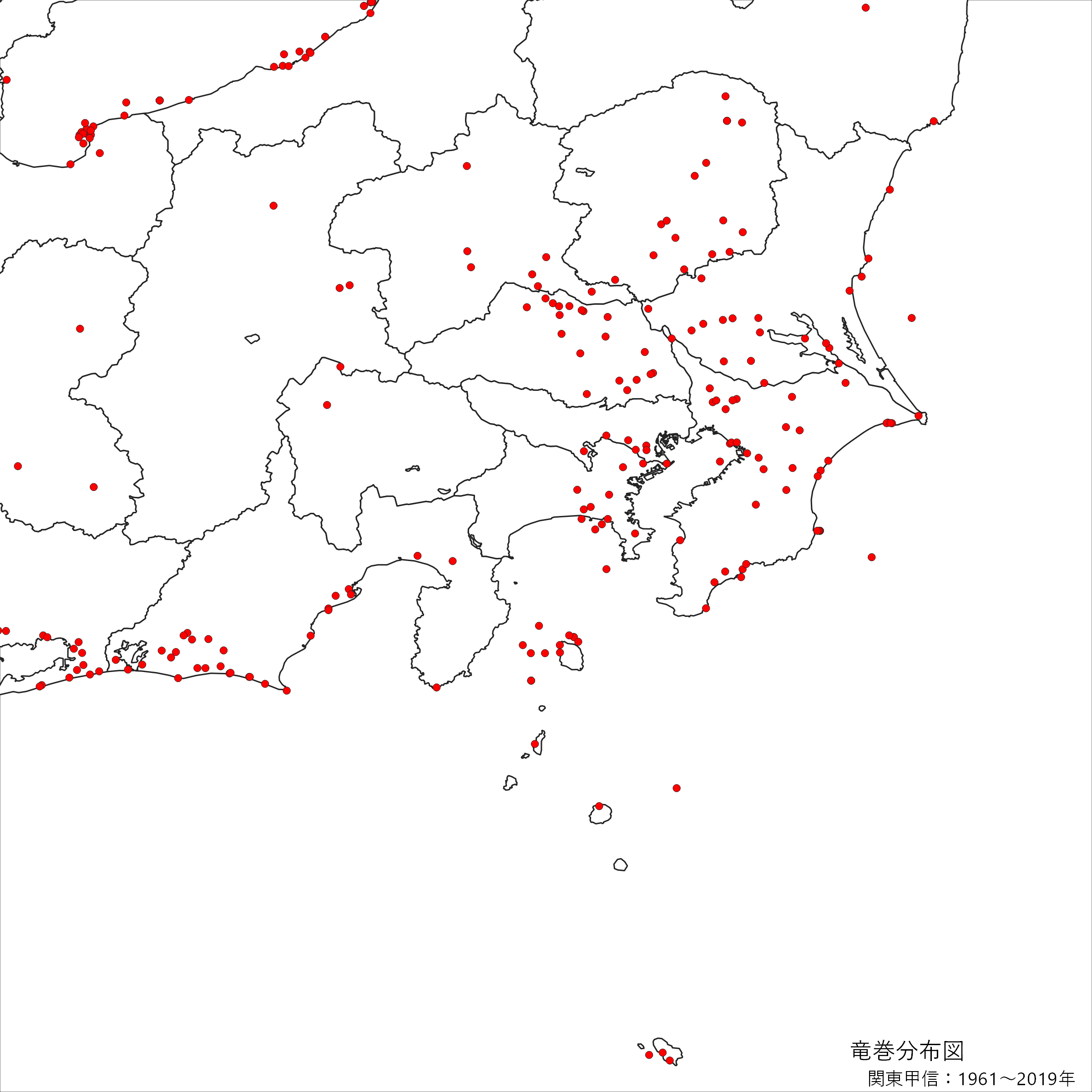 関東甲信の竜巻発生確認地点の分布図