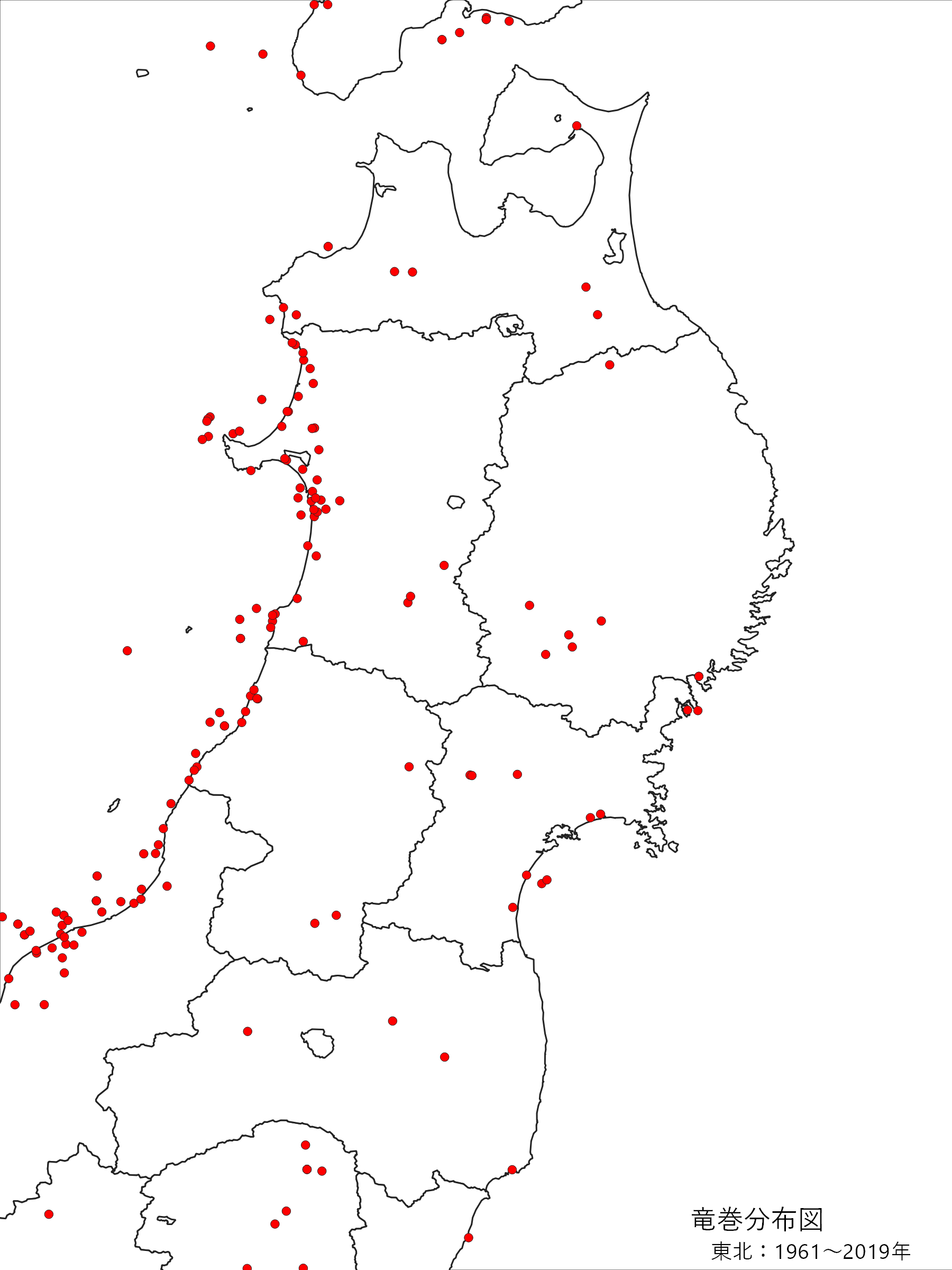 東北の竜巻発生確認地点の分布図