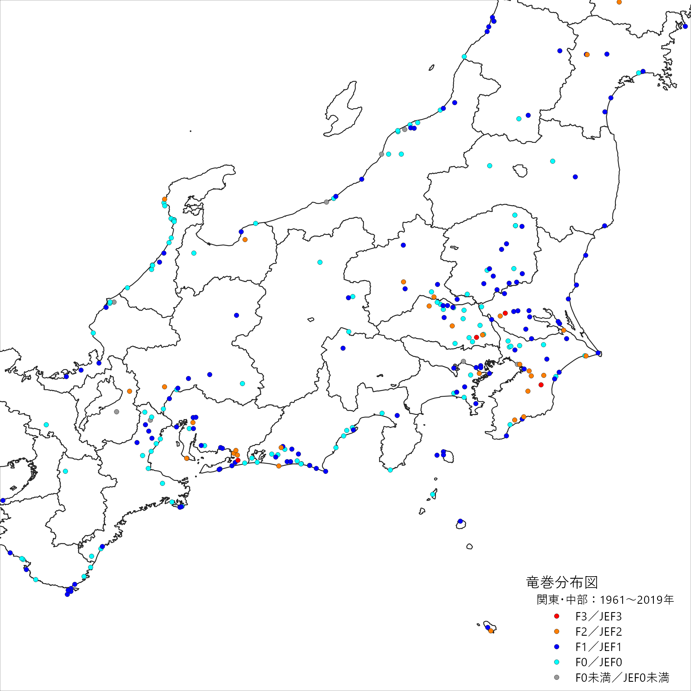 関東・中部の竜巻発生確認地点の分布図(スケール別)