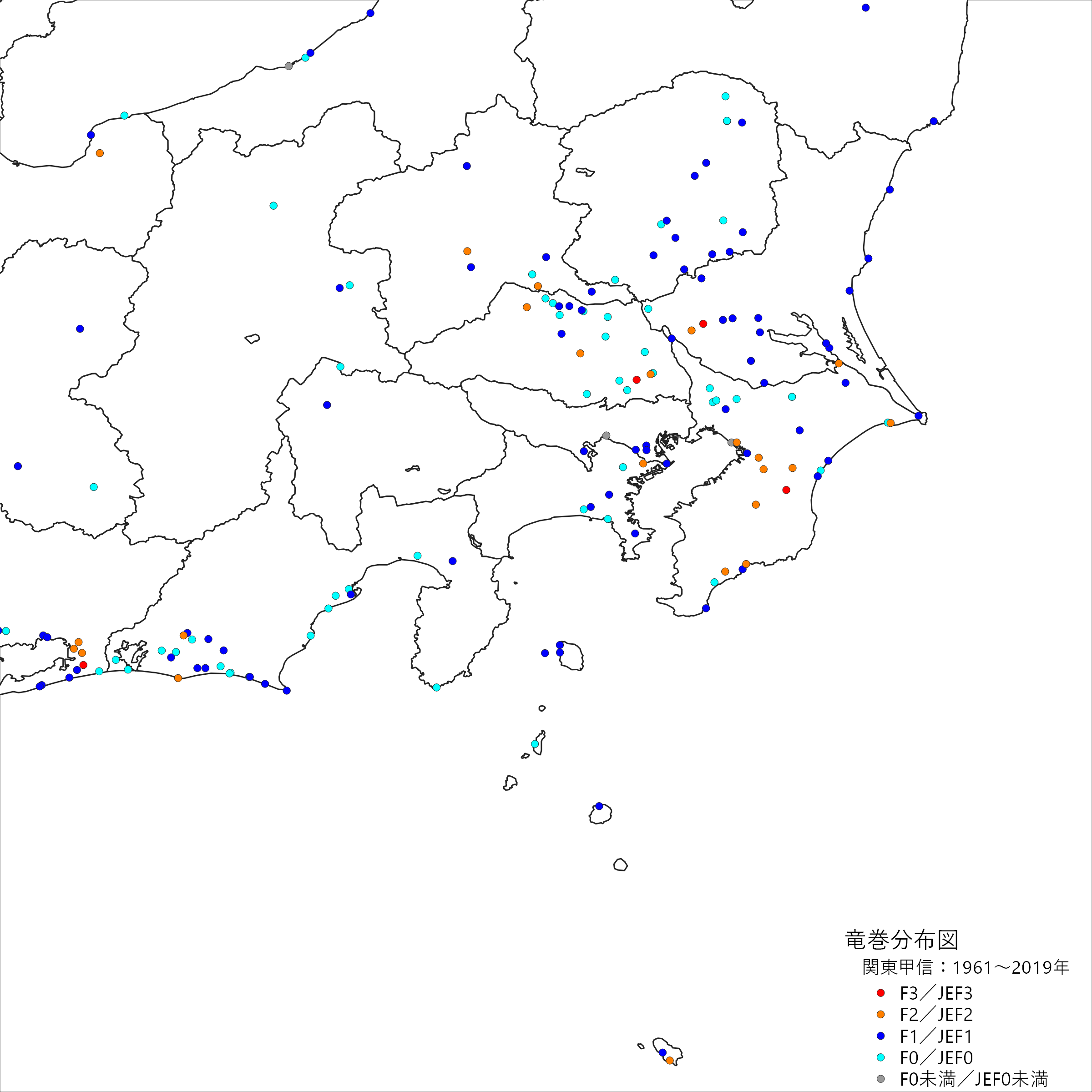 関東甲信の竜巻発生確認地点の分布図(スケール別)