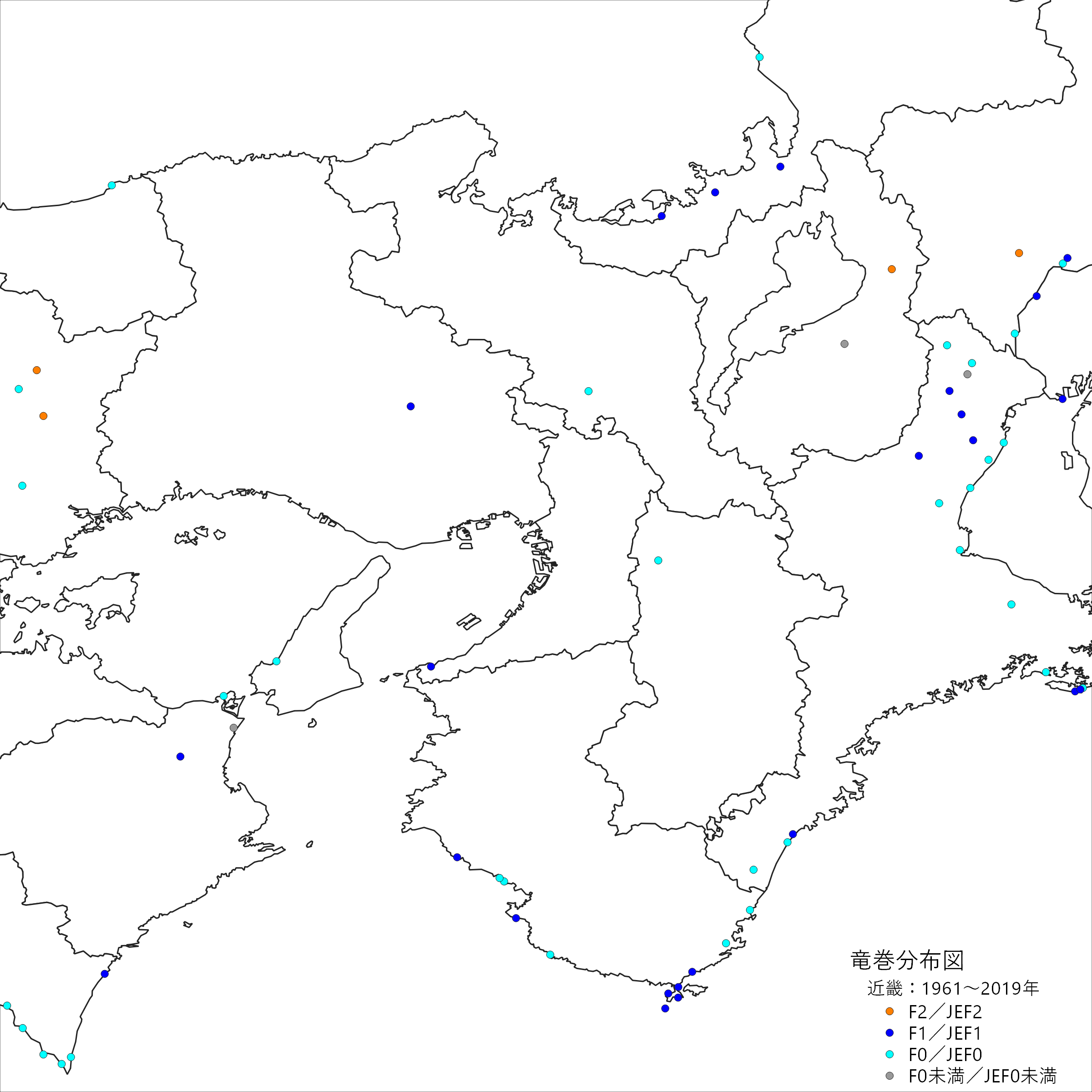 近畿の竜巻発生確認地点の分布図(スケール別)