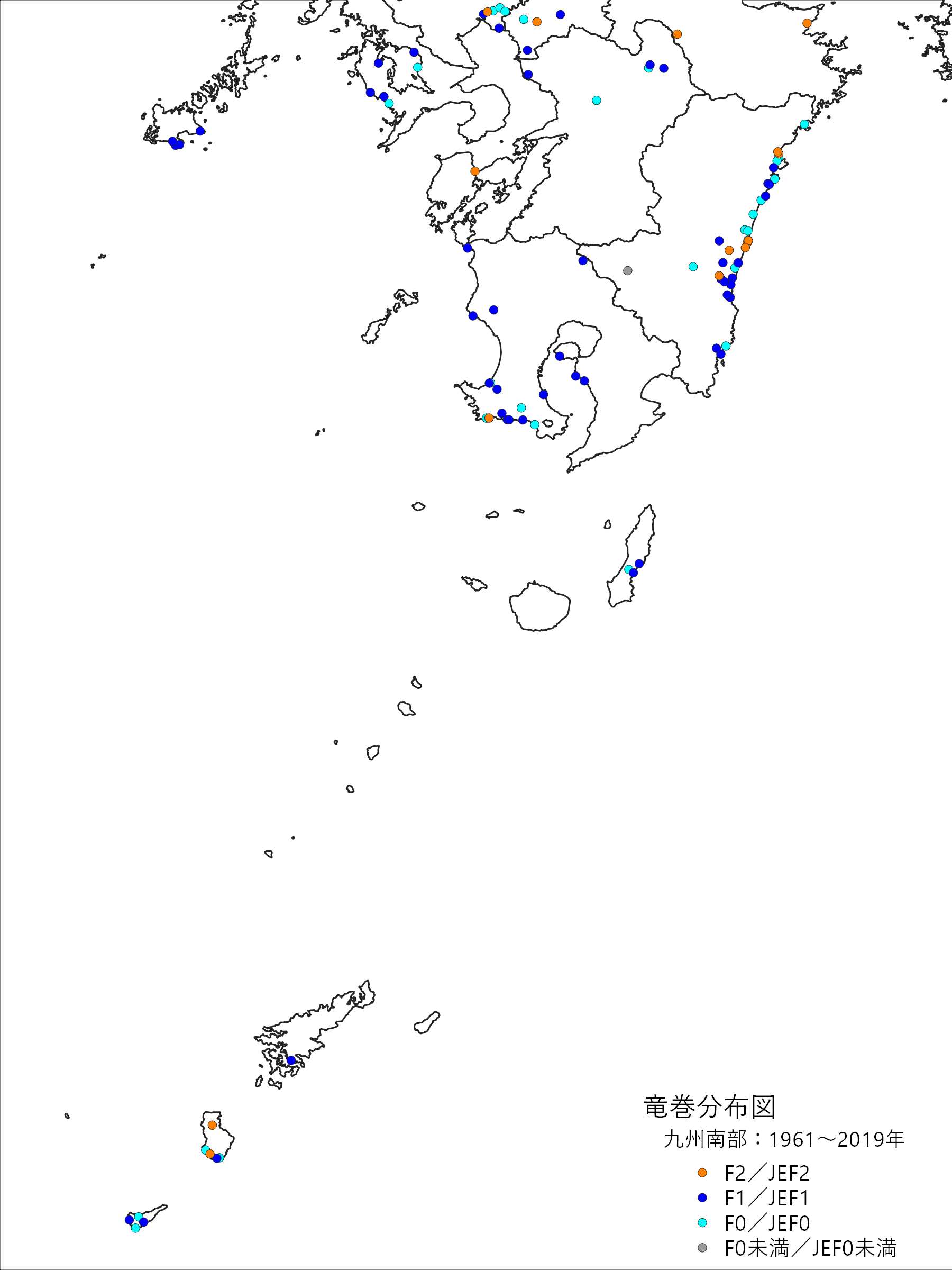 九州南部の竜巻発生確認地点の分布図（スケール別）