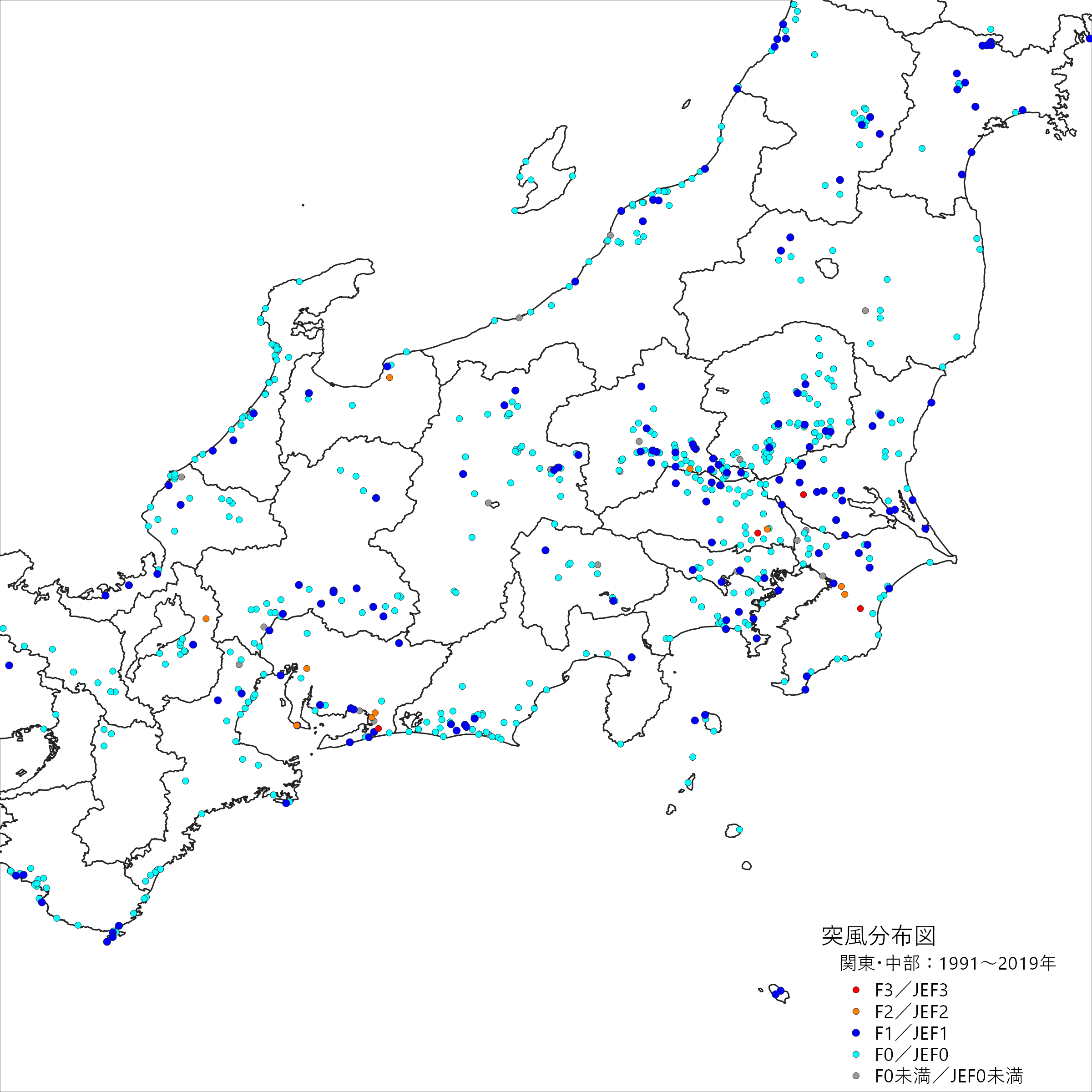 関東・中部の突風発生確認地点の分布図(スケール別)