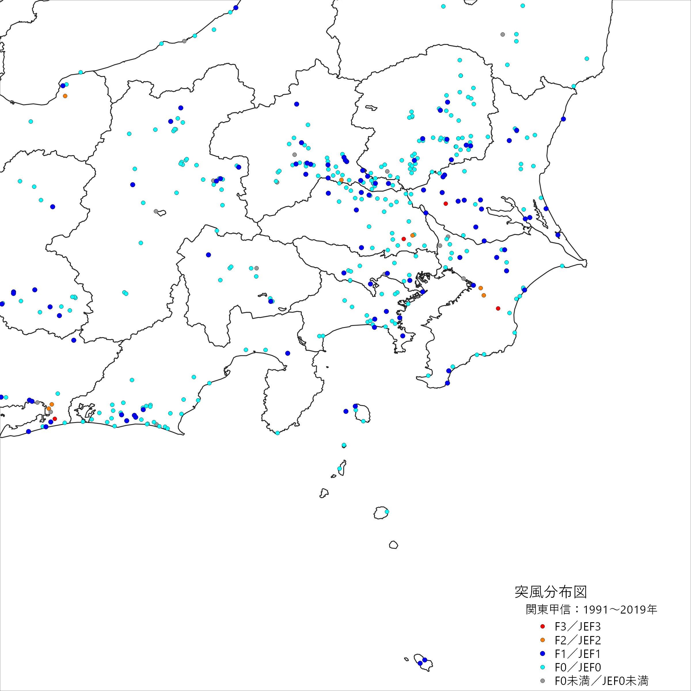 関東甲信の突風発生確認地点の分布図(スケール別)