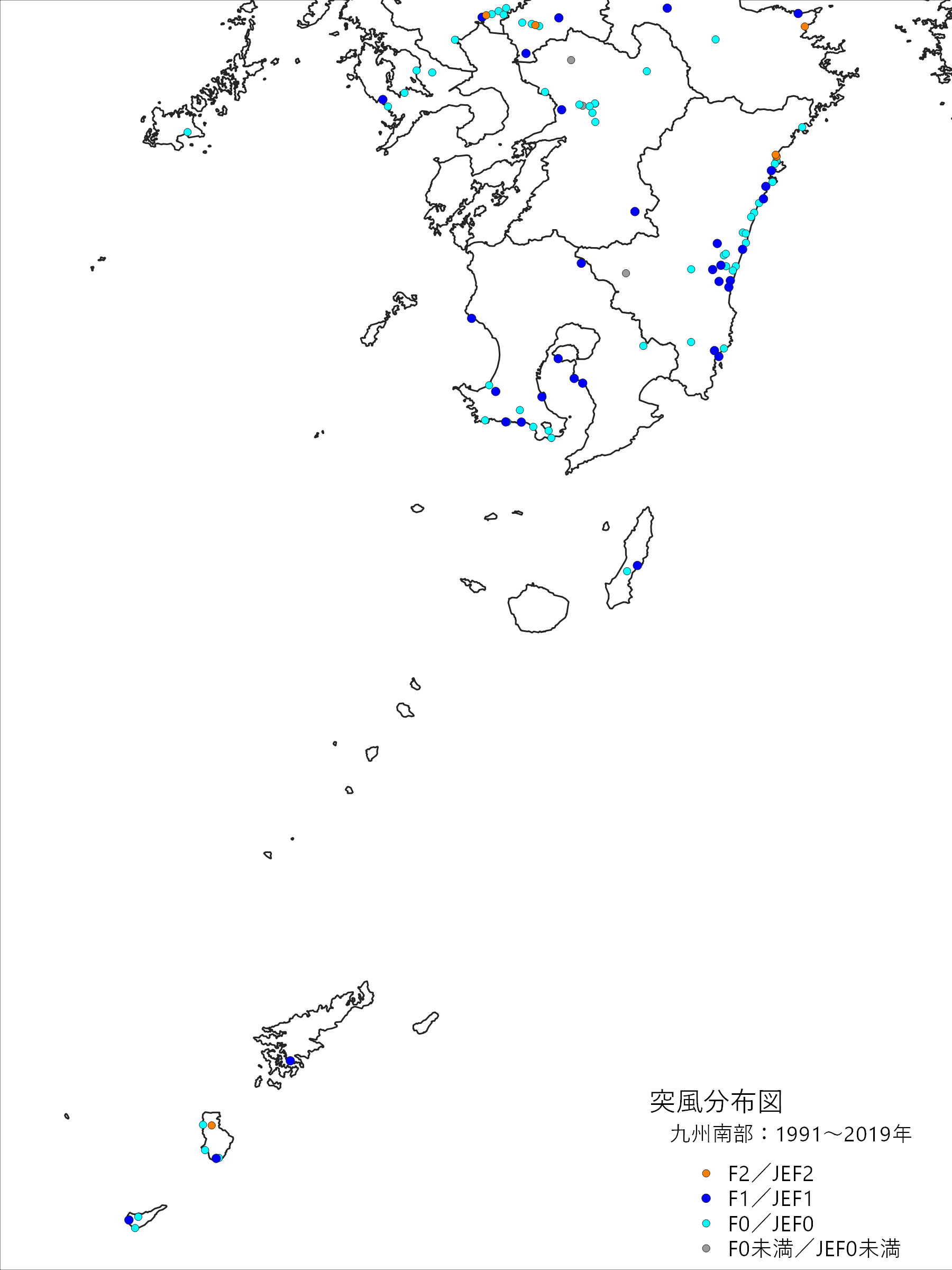 九州南部の突風発生確認地点の分布図（スケール別）