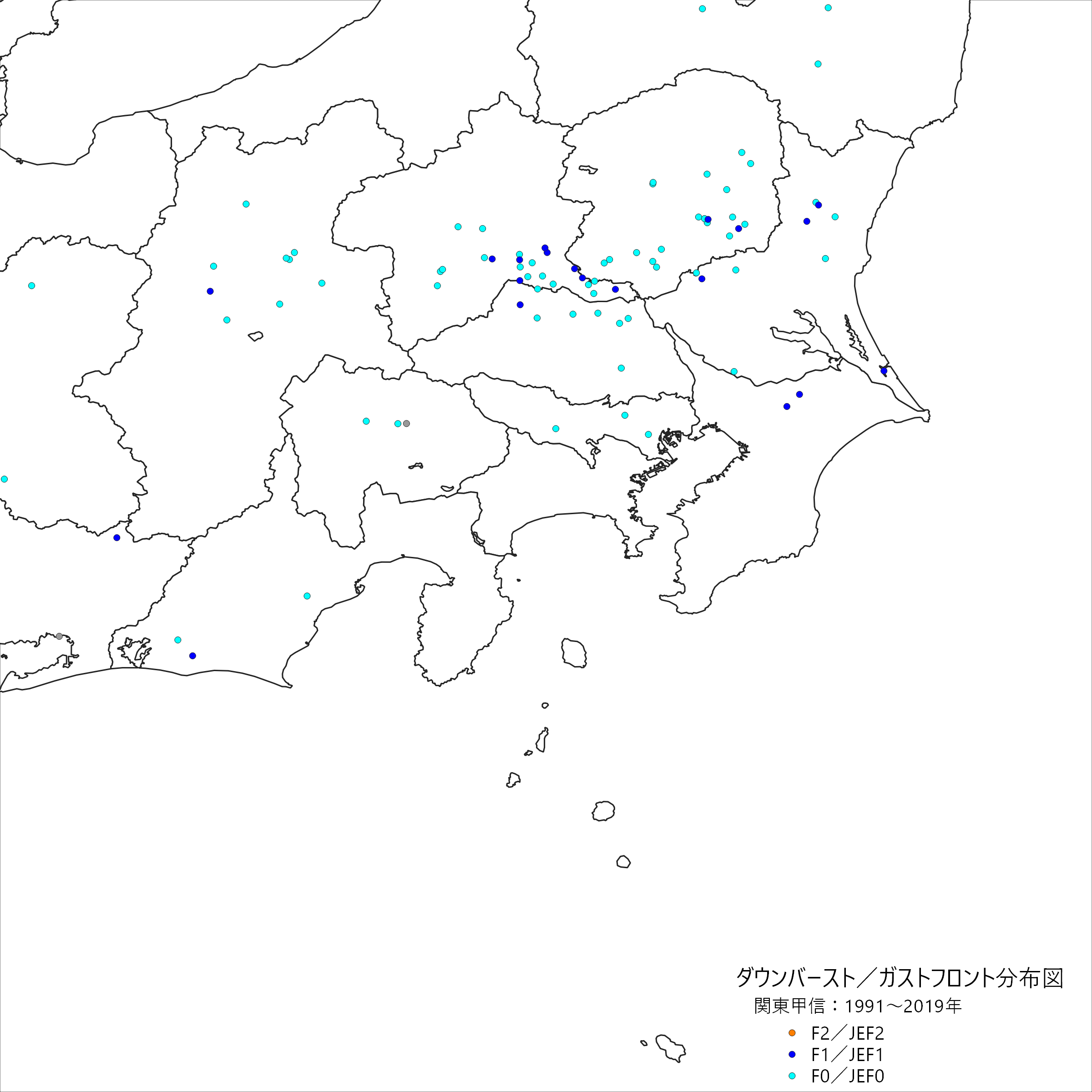 関東甲信のダウンバースト/ガストフロント発生確認地点の分布図(スケール別)