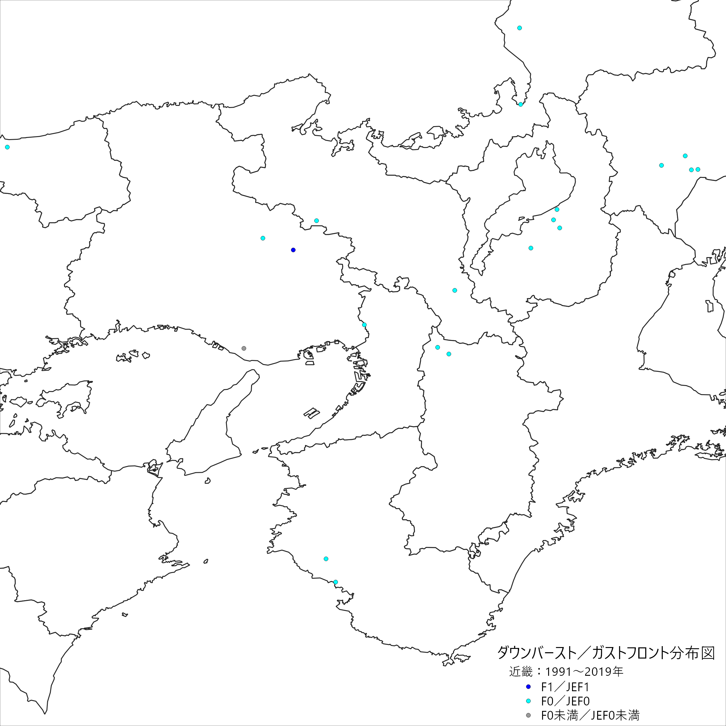 近畿のダウンバースト/ガストフロント発生確認地点の分布図(スケール別)