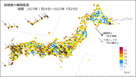 期間最大瞬間風速の分布図
