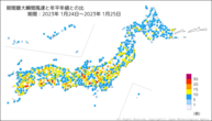 期間最大瞬間風速と年平年値との比の分布図