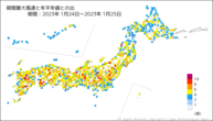 期間最大風速と年平年値との比の分布図