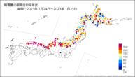 降雪量の期間合計平年比の分布図